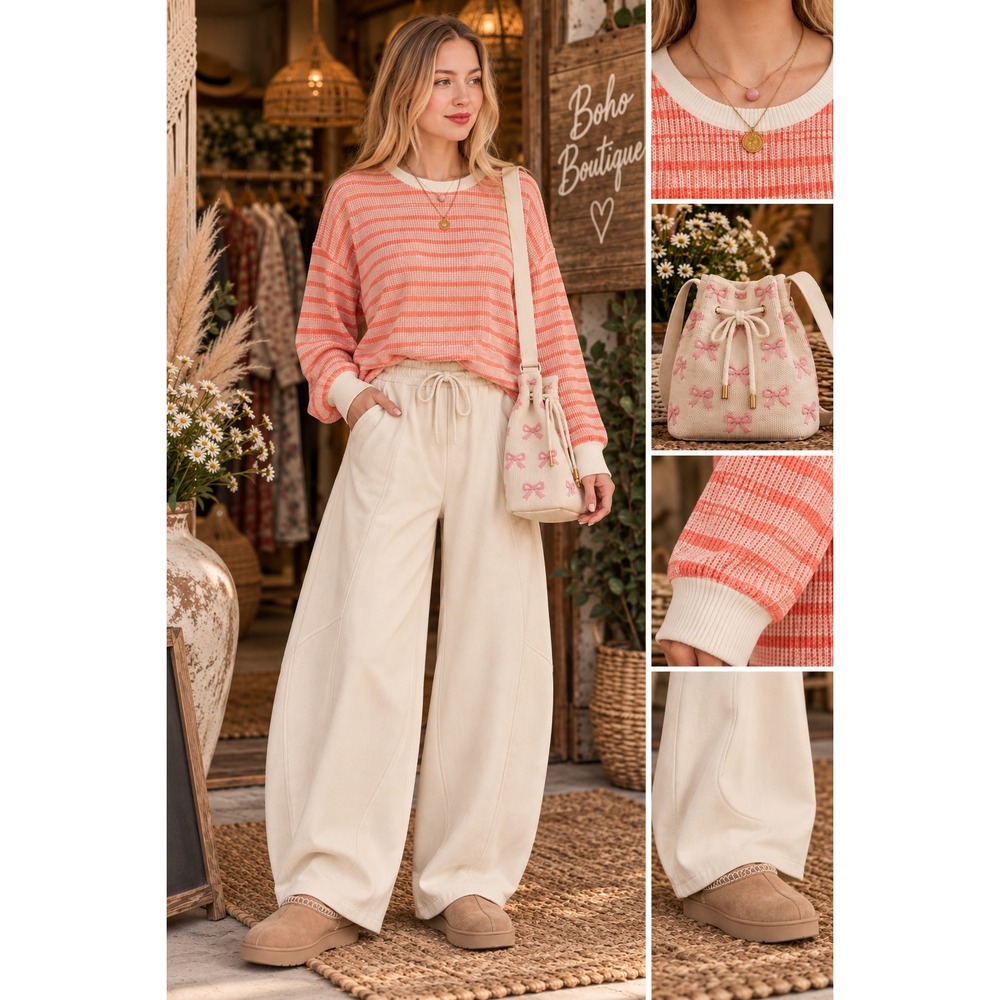 294.New Zenana Vanilla Cream Barrel Fleece Pants High Waist Drawstring Wide Leg